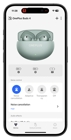 Einstellungen für OnePlus Buds 4 auf einem Smartphone-Bildschirm mit Optionen für Geräuschunterdrückung und Audioeffekte.
