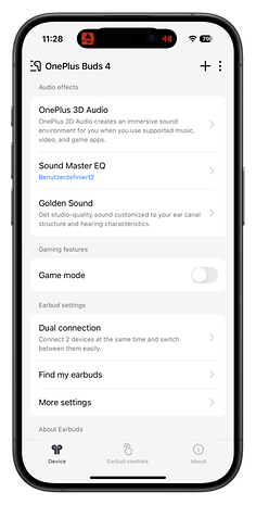 Benutzeroberfläche der OnePlus Buds 4-App mit Audioeffekten und Einstellungsoptionen.
