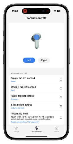 Einstellungsbildschirm für die Ohrhörersteuerung der OnePlus Buds 4 mit Optionen für Tippen.