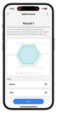 Ein Smartphone-Bildschirm zeigt die Funktion Golden Sound mit Klangfrequenzanalyse und Möglichkeiten zur Anwendung von Anpassungen.