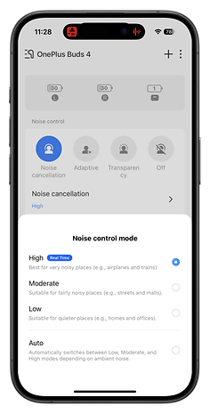 OnePlus Buds 4-App-Oberfläche mit Lärmsteuerungseinstellungen: Hoch, Moderat, Niedrig und Automatisch.