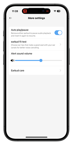 Einstellungsmenü für OnePlus Buds 4 mit Optionen für Auto Play/Pause, Passformtest, Lautstärke und Pflege.