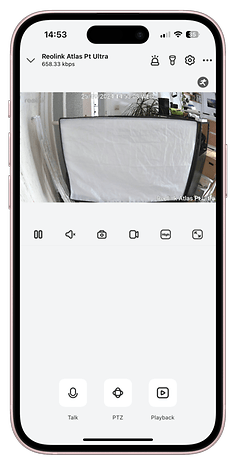Reolink Atlas PT Ultra camera interface with live streaming and controls.