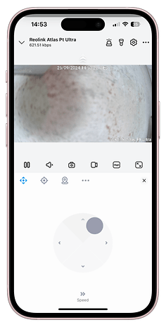 Reolink Atlas Pt Ultra-App-Oberfläche mit Live-Feed und Steuerungsoptionen.