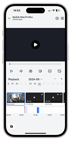 Reolink Atlas Pt Ultra app interface with playback options and video timeline.