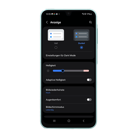 Samsung Galaxy A16 5G zeigt Einstellungen für den Dunkelmodus.