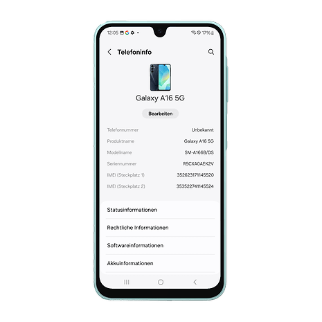 Samsung Galaxy A16 5G Telefonbildschirm mit Geräteinformationen und Details.