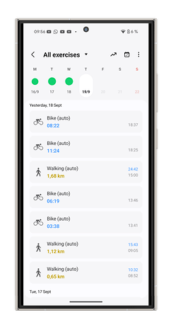 Samsung Galaxy Watch 7 exercise log shows cycling and walking activities with times and distances.