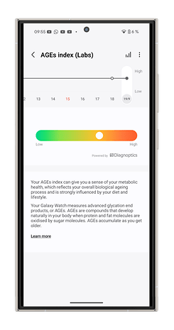 Interface de la Samsung Galaxy Watch 7 affichant l'indice AGEs et des informations de santé.