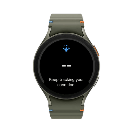 The Samsung Galaxy Watch 7 displaying 'Continue tracking your condition'.