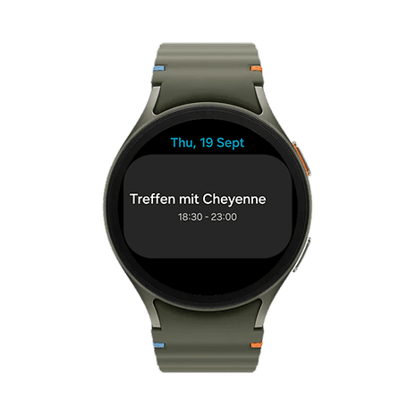 Samsung Galaxy Watch 7 zeigt einen Kalendereintrag: Treffen mit Cheyenne von 18:30 bis 23:00.