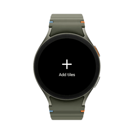 Samsung Galaxy Watch 7 shows 'Add Tiles' on the screen.