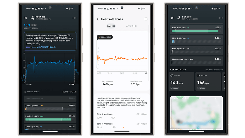 Whoop 4.0 (left and right) and the Galaxy Watch 7 (center) results compared.