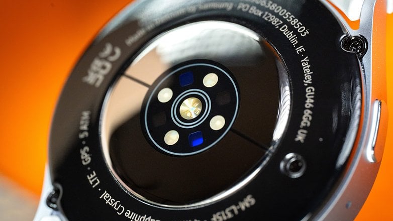 Close-up of the underside of a Samsung Galaxy Watch 7, showing sensors and details.