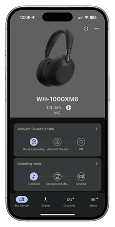 Sony WH-1000XM6 headphones interface showing 25% battery and ambient sound control.