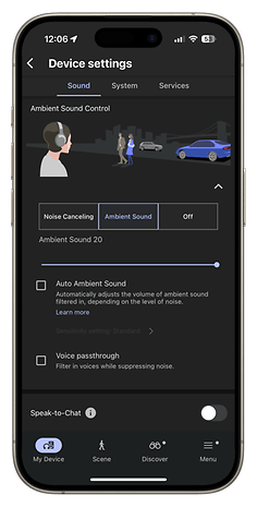 Settings screen for Sony WH-1000XM6 headphones showing options to control the ambient sound.