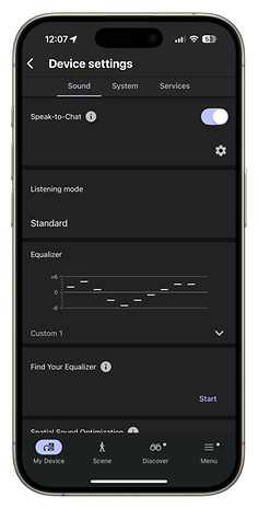 Device settings screen for Sony WH-1000XM6 with audio options and equalizer.