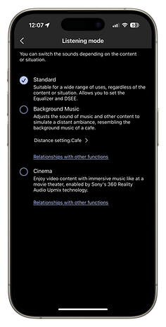 Smartphone screen showing listening mode options for Sony's WH-1000XM6 headphones.