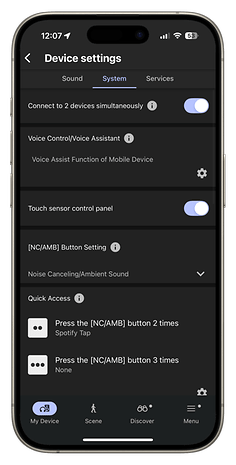 Device settings screen for Sony WH-1000XM6 headphones showing connectivity and noise cancellation.