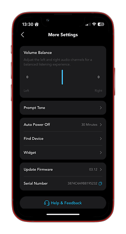 Écran des paramètres pour Soundcore Aerofit 2, montrant l'équilibre du volume et d'autres options.