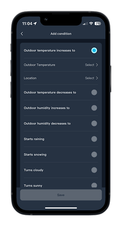 Smartphone-Bildschirm, der Wetterbedingungen für einen SwitchBot-Luftreiniger anzeigt.