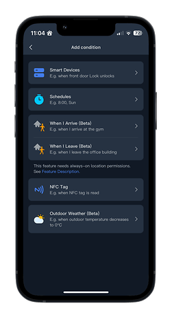 Smartphone-Bildschirm zeigt Optionen zum Hinzufügen von Bedingungen für Smart-Geräte an.