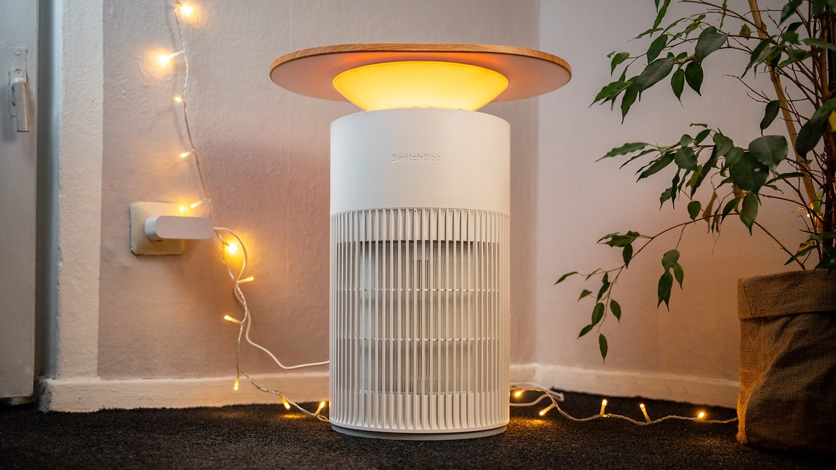 Un purificateur d'air SwitchBot avec un dessus en bois et une lumière douce, placé à côté d'une plante et de guirlandes lumineuses.