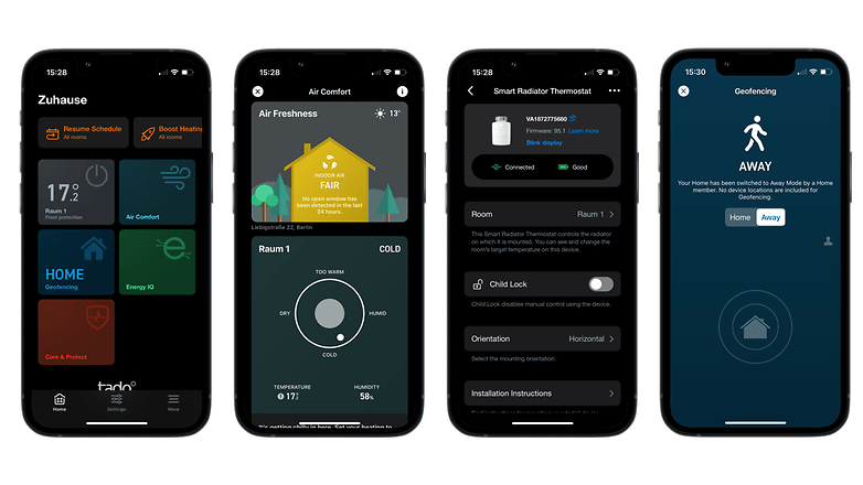 Die Tado-App auf vier Screenshots