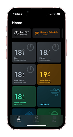 Startbildschirm der Tado-App zeigt Raumtemperaturen und Einstellungen.