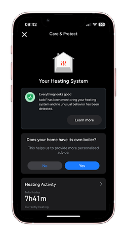tado° App-Oberfläche zeigt den Status des Heizsystems und das Aktivitätsprotokoll.