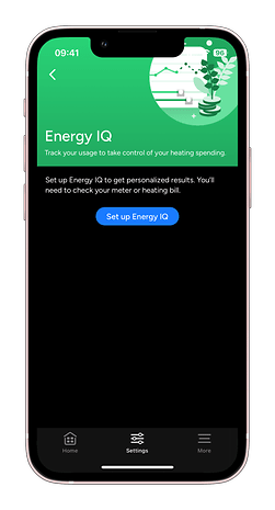 Écran de smartphone affichant l'interface de l'application Energy IQ pour suivre la consommation de chauffage.