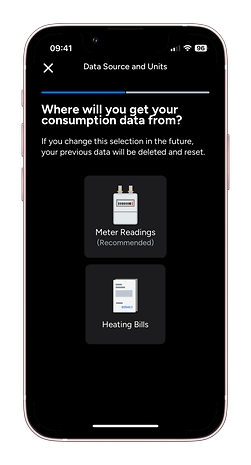 Mobil-App-Bildschirm, der Datenquellenoptionen anzeigt: Zählerstände und Heizrechnungen.