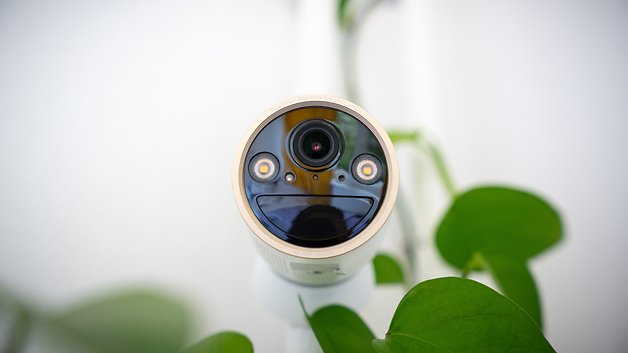 Nahaufnahme einer Tapo C460 Sicherheitskamera mit elegantem Design und grünen Blättern im Hintergrund.