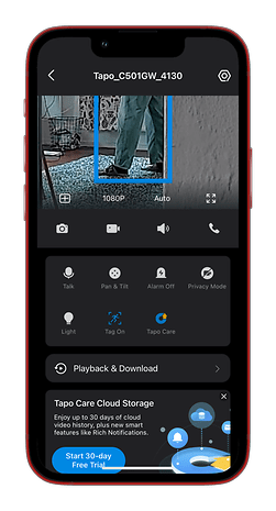 Smartphone user interface shows Tapo C501GW camera settings and options.