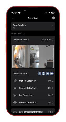 Smartphone screen showing Tapo C501GW detection settings with different options.