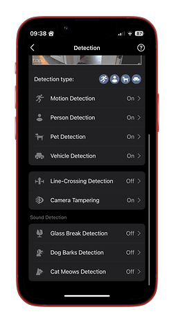 Smartphone showing off the various detection settings in the Tapo C501GW.