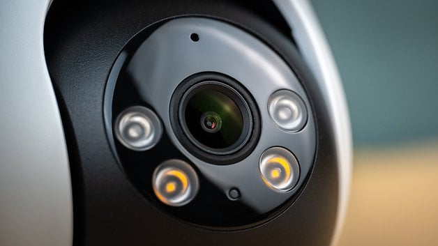 Close-up of the lens and LED indicators of a Tapo C501 GW security camera.