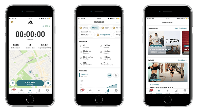 Drei Screenshots der App "Adidas Running"