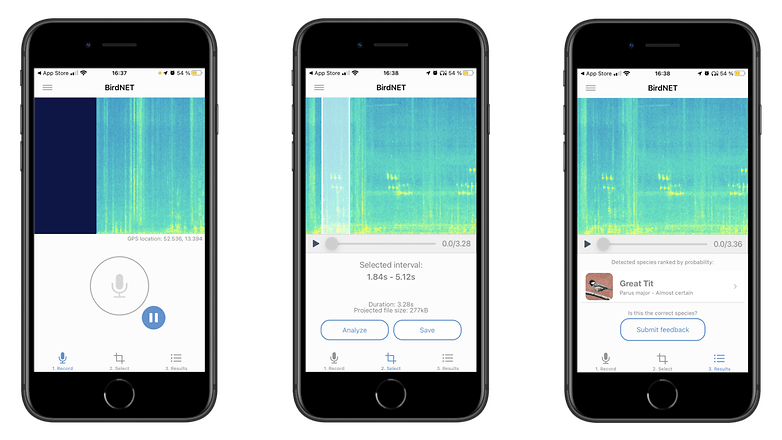 Tři snímky obrazovky aplikace "BirdNET"