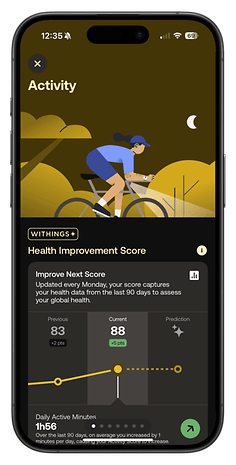 Aktivitätsbildschirm von Withings ScanWatch Nova, der den Gesundheitsverbesserungswert und die täglichen aktiven Minuten zeigt.