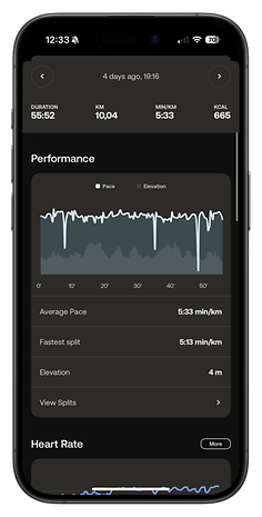 Leistungskennzahlen von Withings ScanWatch Nova mit Dauer, Entfernung, Tempo und Herzfrequenzdaten.