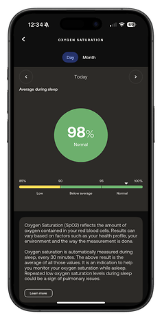 Sauerstoffsättigungswert von 98% normal auf einer Smartphone-App, mit Details zur Messung und gesundheitlicher Bedeutung.