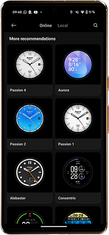 Ein Mobilbildschirm zeigt verschiedene Zifferblätter für die Xiaomi Watch S4.
