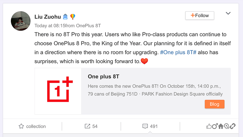 Pete Lau OnePlus 8T Pro Weibo