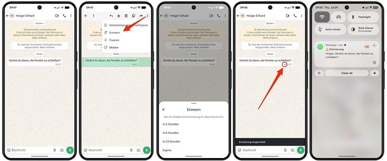 WhatsApp chat interface showing message reminders and notification settings. WhatsApp chat interface showing message reminders and notification settings.