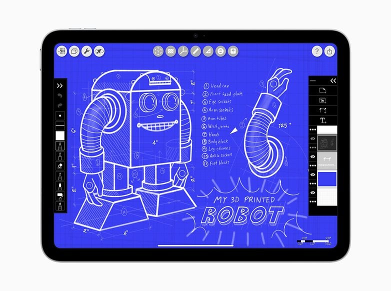 Blueprint av en robotdesign på en surfplatta, märkt 'My 3D Printed Robot'.