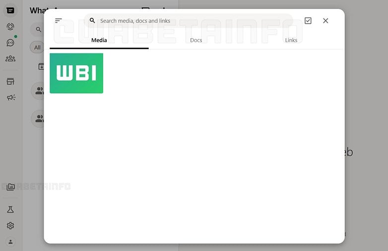 WhatsApp interface showing a media section with a green WBI logo. WhatsApp interface showing a media section with a green WBI logo.