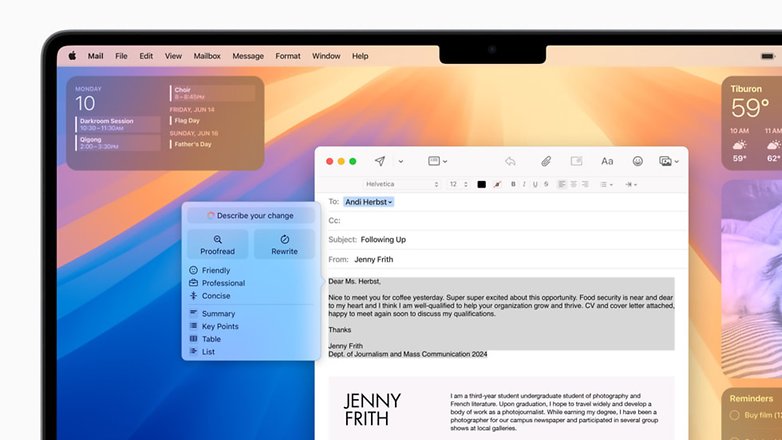 Screenshot zeigt, wie man mit Apple Intelligence E-Mails überarbeitet