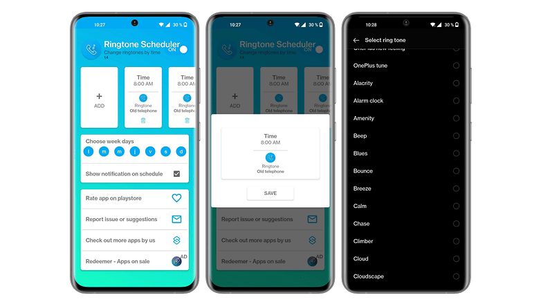 Captures d'écran application Ringtone Scheduler