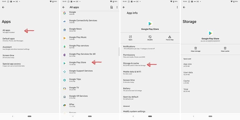 Screenshots showing how to clear an Android app cache.